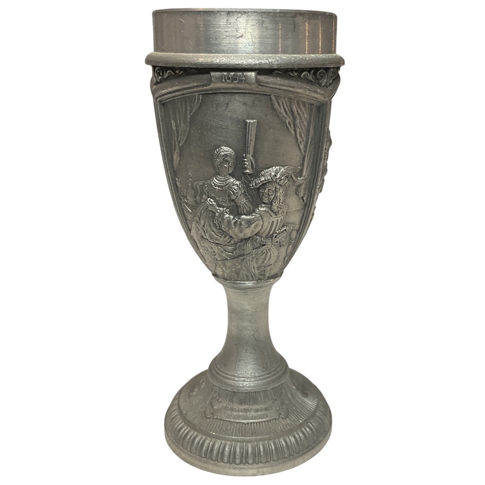 Vintage 3.25"‎ German Pewter Goblet Chalice Medieval Tavern Scene Zinn Wine Cup